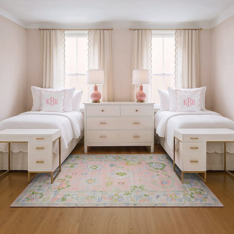 Addison Traditional Bordered Floral Pink/ Green Printed Washable Flat Pile Area Rug