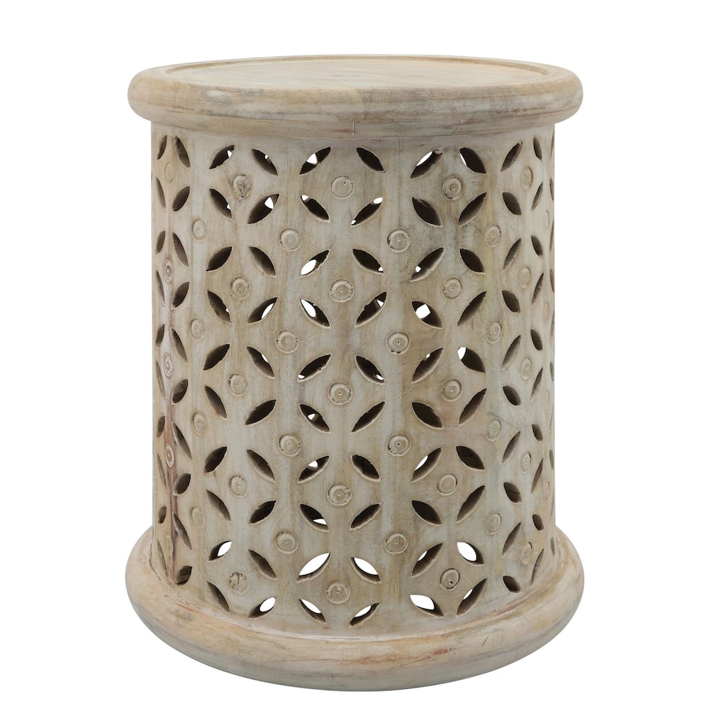 18 Inch Round End Side Table, Wood, Carved Frame, Distressed Brown