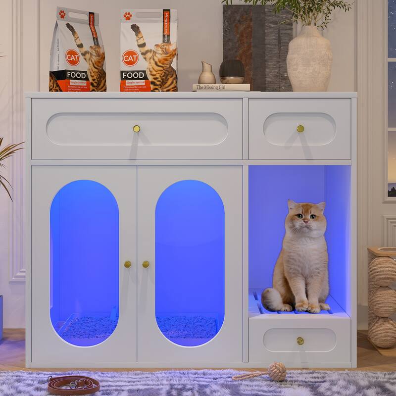 Cat Litter Box Enclosure with LED Light, Hidden Litter Box Furniture with Storage Drawers, Indoor Pet House with Acrylic Doors