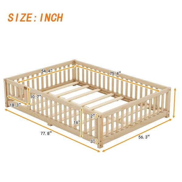 Natural Full Size Pine Floor Bed with Guardrails & Door