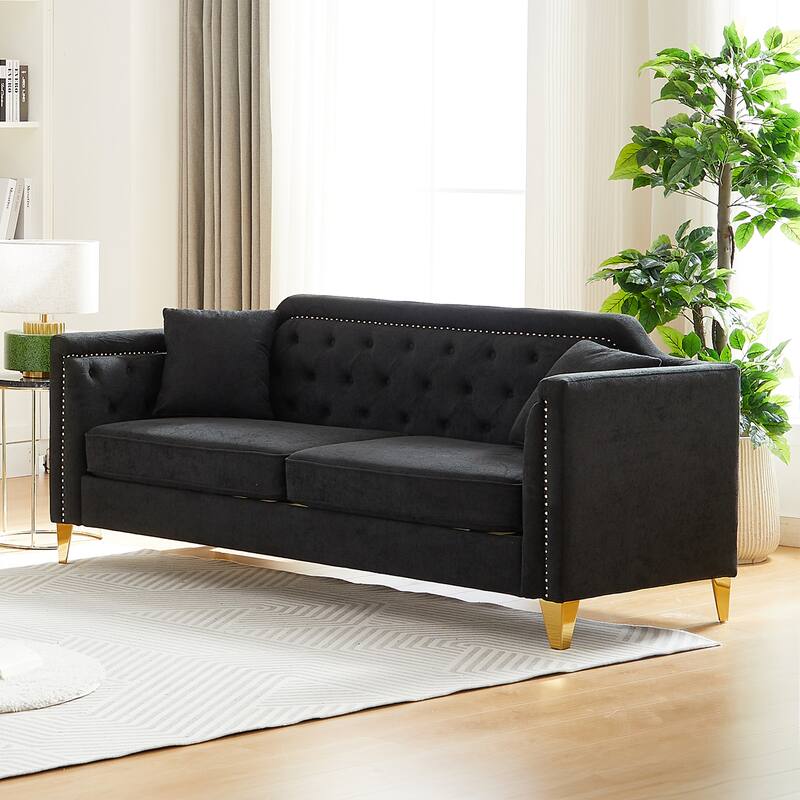 81" 3-Seat Buttons Tufted Nailheads Couch with Pillows