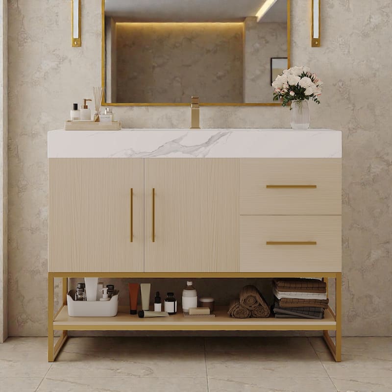 36 Inch Modern Bathroom Vanity with Seamless Ceramic Sink, Freestanding Cabinet with Gold Accents and Storage - White Wood
