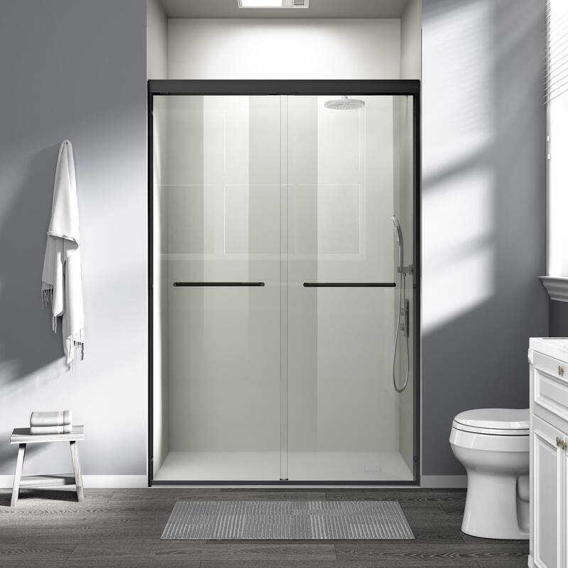 ABRUZZO 44-48" W x 72" H Semi-Frameless Double Sliding Tempered Glass Shower Door with Dual Towel Bars - Matte Black
