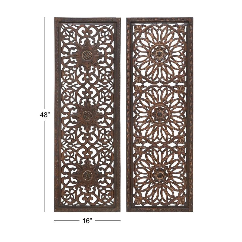 Wood Floral Handmade Intricately Carved Home Wall Decor - Set of 2 Brown - Roche River Decor