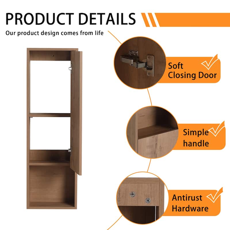Bathroom Side Cabinet In 12/24 Inch, Floating Side Cabinet With Soft Close Door and Shelf