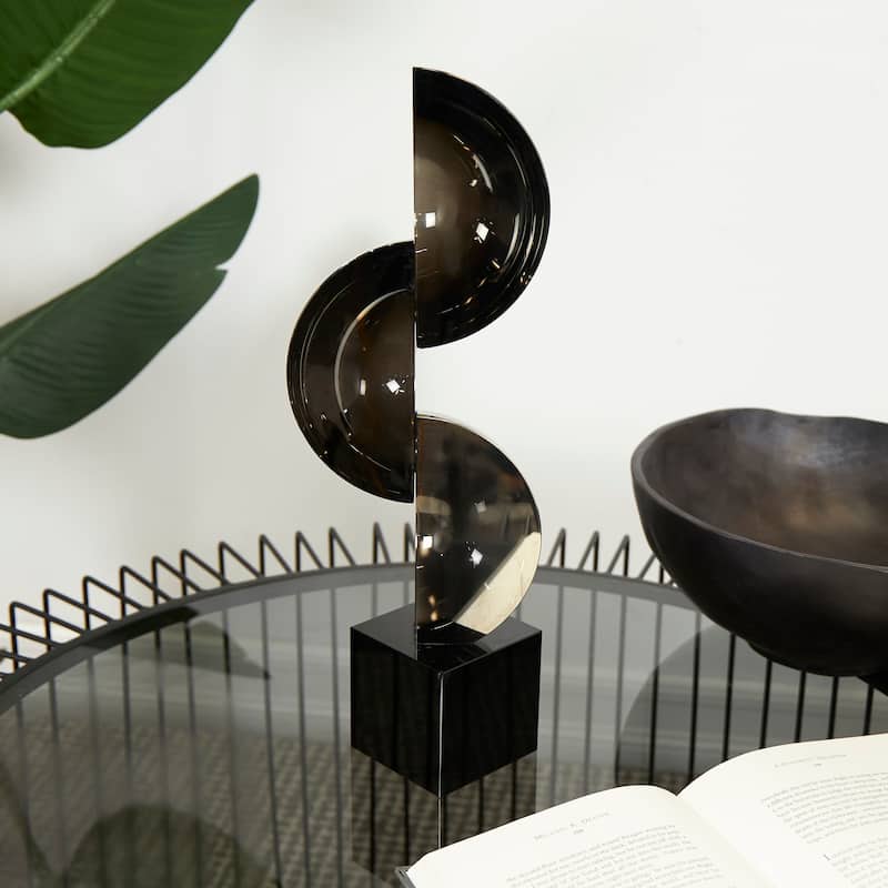 Dark Gray Crystal Quartered Stacked Orbs Geometric Decorative Sculpture with Square Black Base - Dark Gray