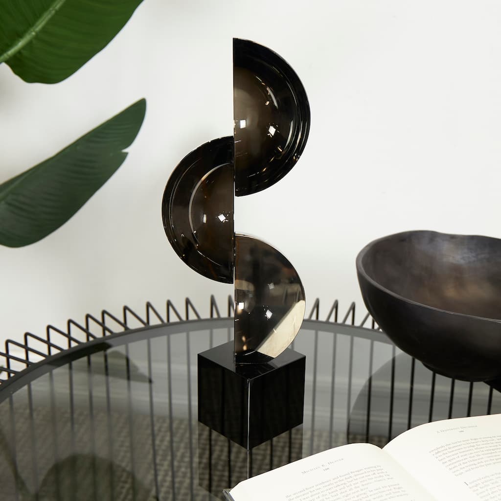 Dark Gray Crystal Quartered Stacked Orbs Geometric Decorative Sculpture with Square Black Base