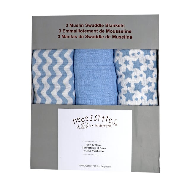 3 Pack Cotton Muslin Baby Swaddle Blankets - N/A - Blue