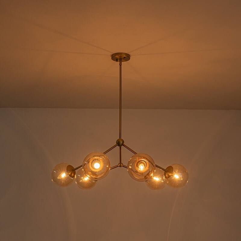 Mid-Century Amber Glass Globe Sputnik Chandelier Ambient Light