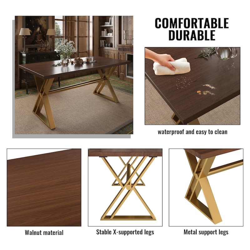 Clihome Walnut Wood Dining Table with Stainless Steel Base(only table)