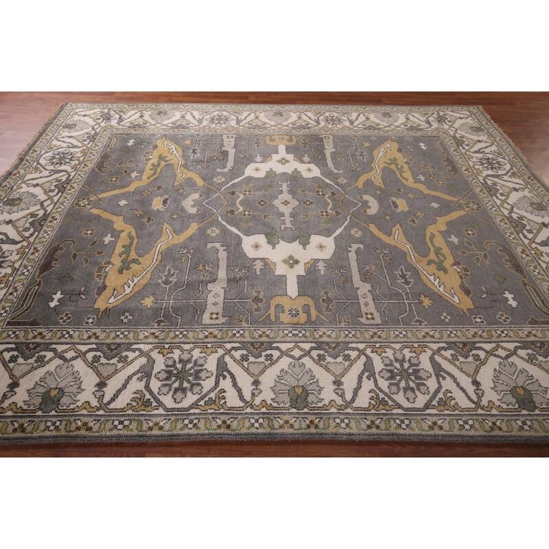 Transitional Gray Oushak Indian Rug Hand-Knotted Wool Carpet - 7'11"x 9'9"