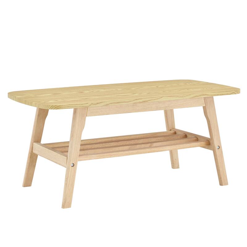 Solid Wood Coffee Table - 2-Tier Wooden Center Coffee Table with Storage Shelf for Living Room, Apartment, and Office