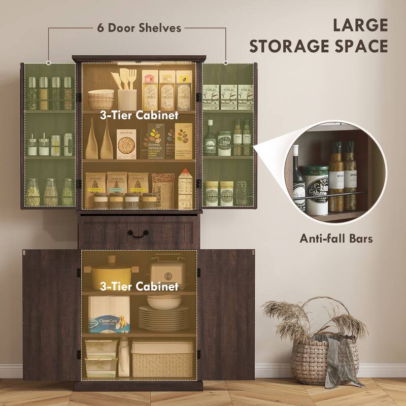 Farmhouse Style Kitchen Pantry Cabinet with Motion Sensor Light Adjustable Shelves and Spacious Storage