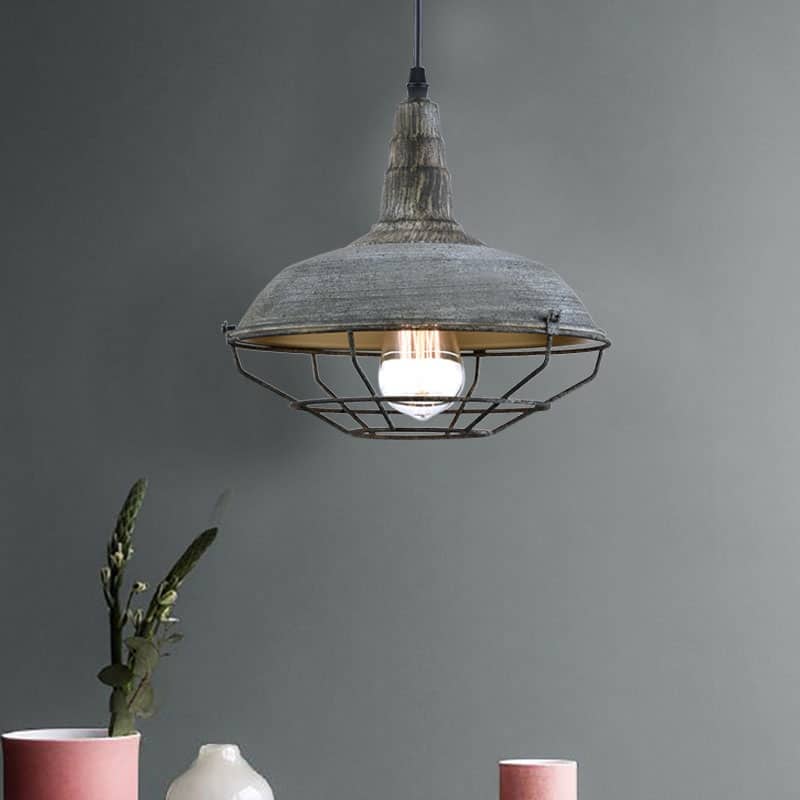 Industrial Nautical Barn Distressed Finish Iron Wire Caged Pendant