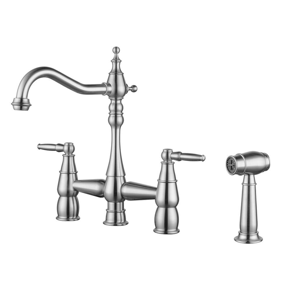 WOWOW 4 Hole Double Handle Bridge Kitchen Faucet with Side Sprayer