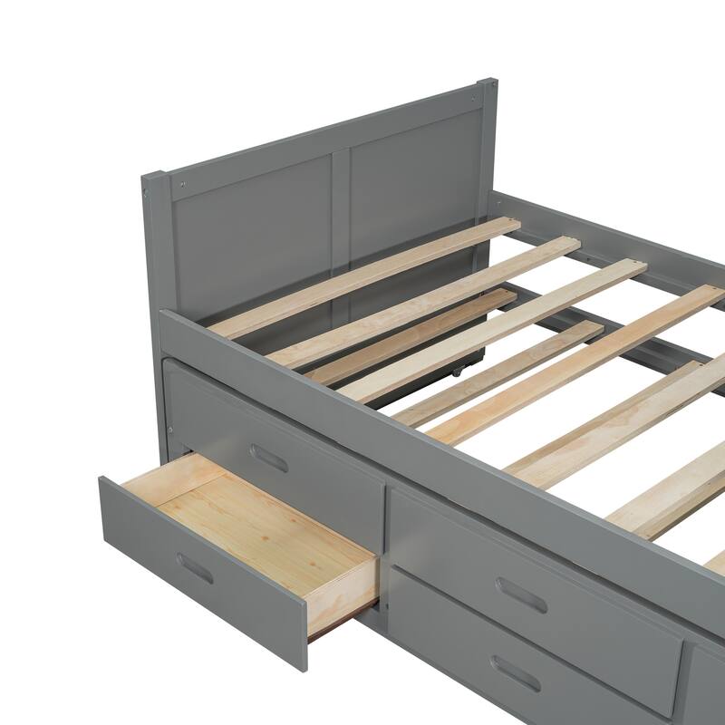 Multifunctional Platform Bed with Desk and Storage Shelf, Built-in Trundle and Drawers