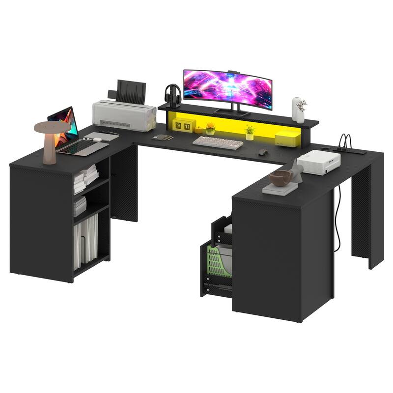 Moasis Farmhouse U-Shaped Desk with LED Lights & Power Outlet