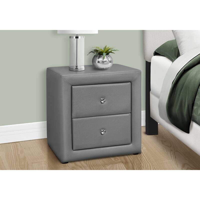 Grey Leather Look Upholstered Nightstand with Chrome Drawer Knob