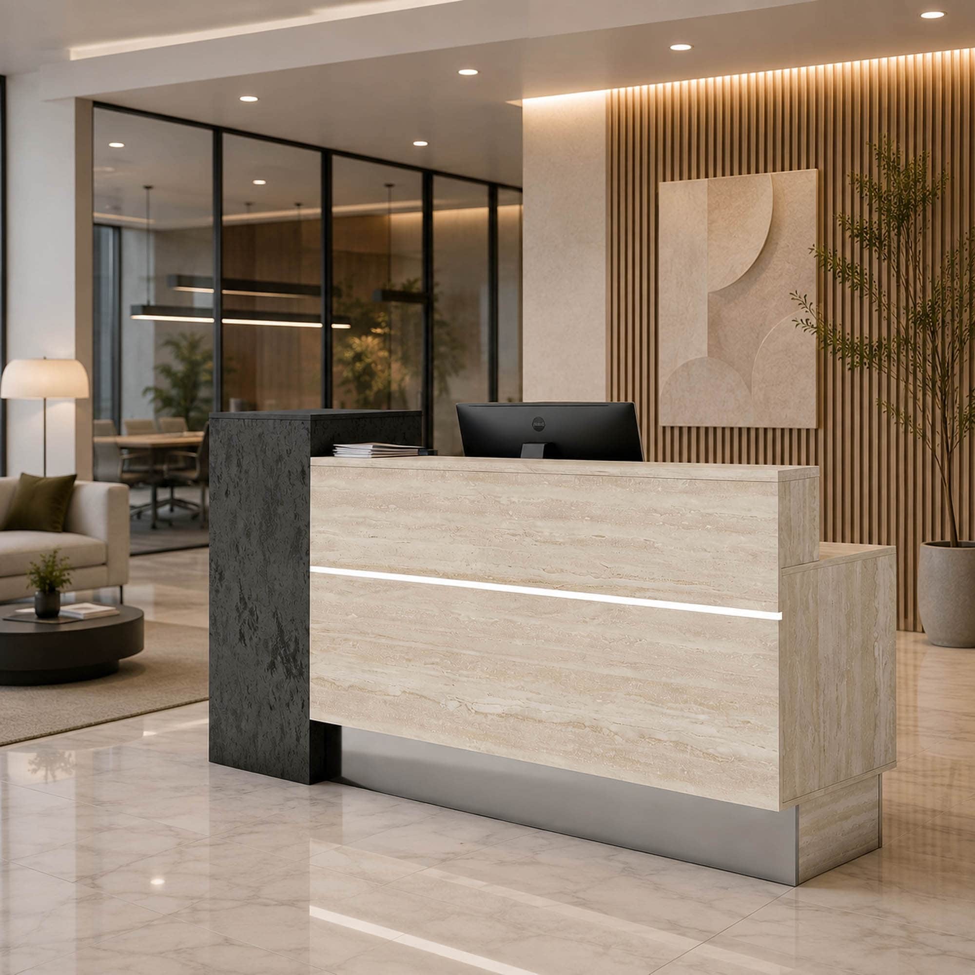 Front Desk Reception Counter Desk with Locking Drawers Storage Open Shelving LED Light Strip