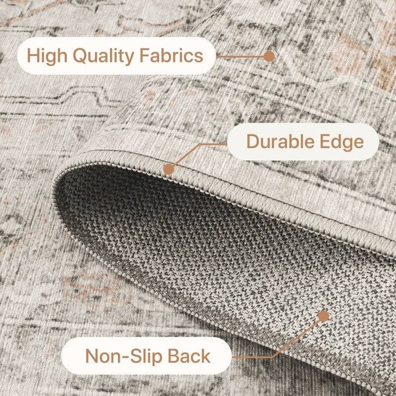 Mcow Vintage Light Taupe Brown Floral Low Pile Machine Washable Runner Rug