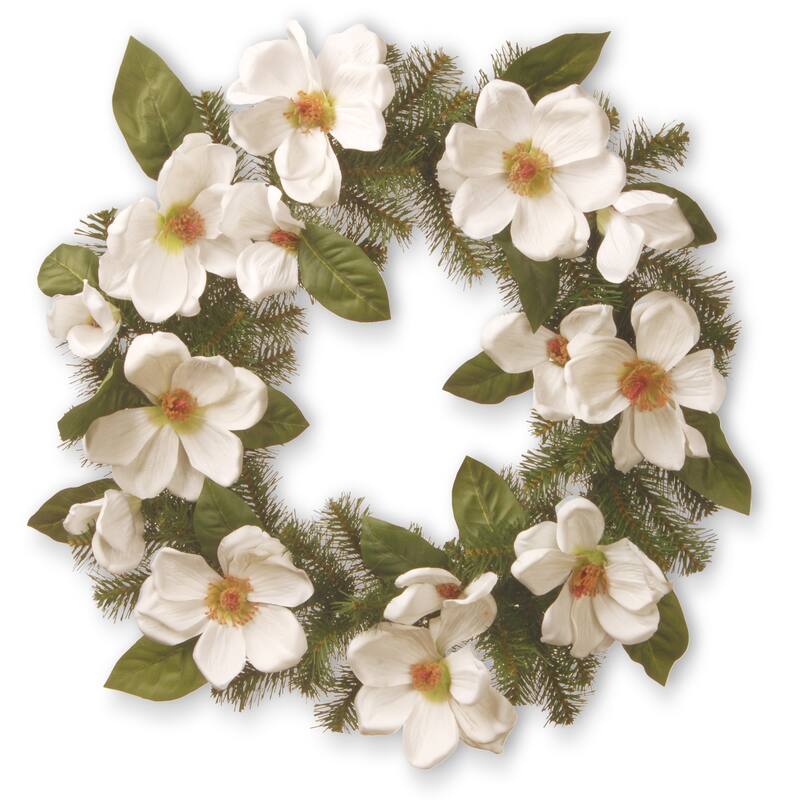 National Tree Company 24 inch Artificial Spring Wreath with North Valley Spruce, Magnolia Flower Blooms, and Evergreen Branch