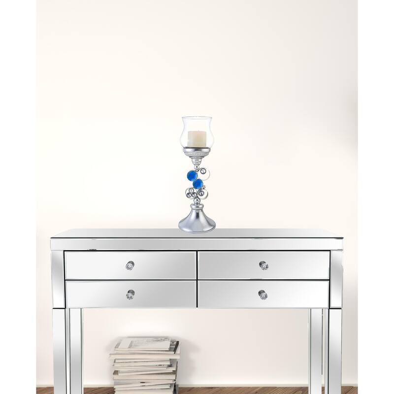 HomeRoots 18" Silver and Blue Faux Crystal Bling Hurricane Candle Holder - 8