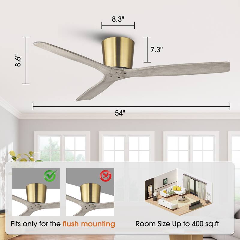 54" Farmhouse Gold Solid Wood Flush Mount Ceiling Fan without Light