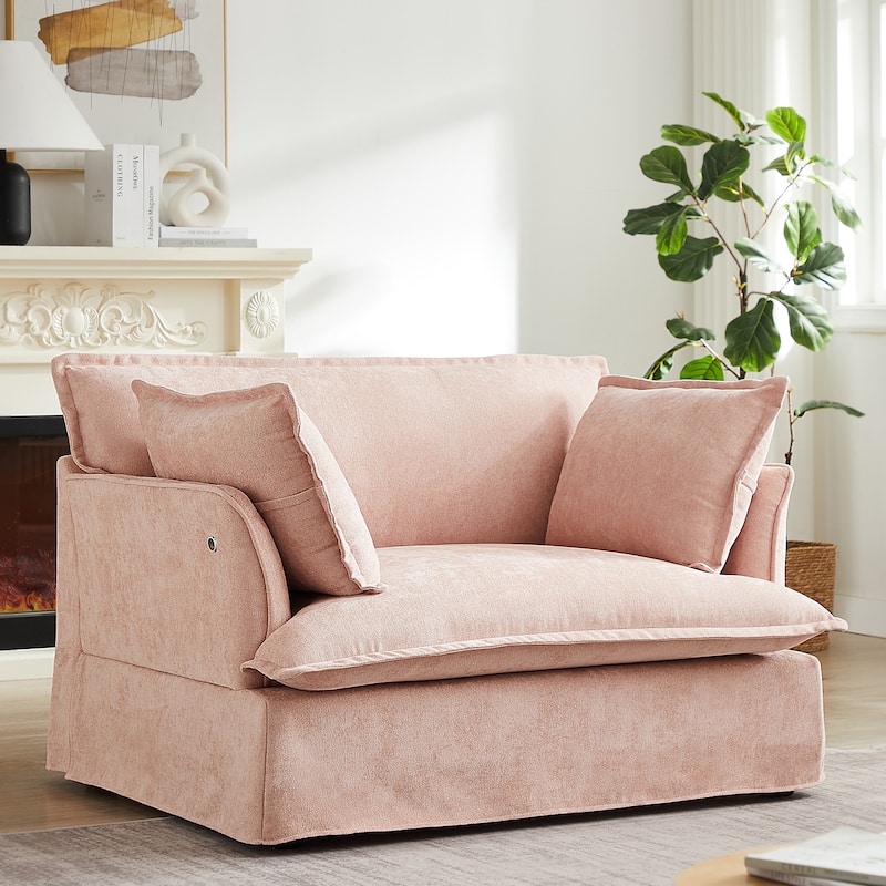 Chenille Armchair, Accent Chair with Dual-Port Charging and Throw Pillows, Modern Deep Wide Seat Design Cloud-Like Single Sofa - Pink