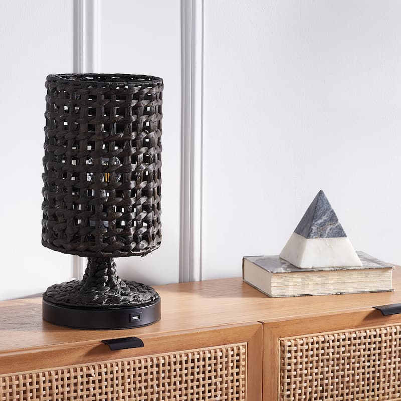 SAFAVIEH Lighting Giesela Tropical Coastal Boho 16-inch Table Lamp with Usb - 8 In. W x 8 In. D x 16 In. H - 8Wx8Dx16H - Black