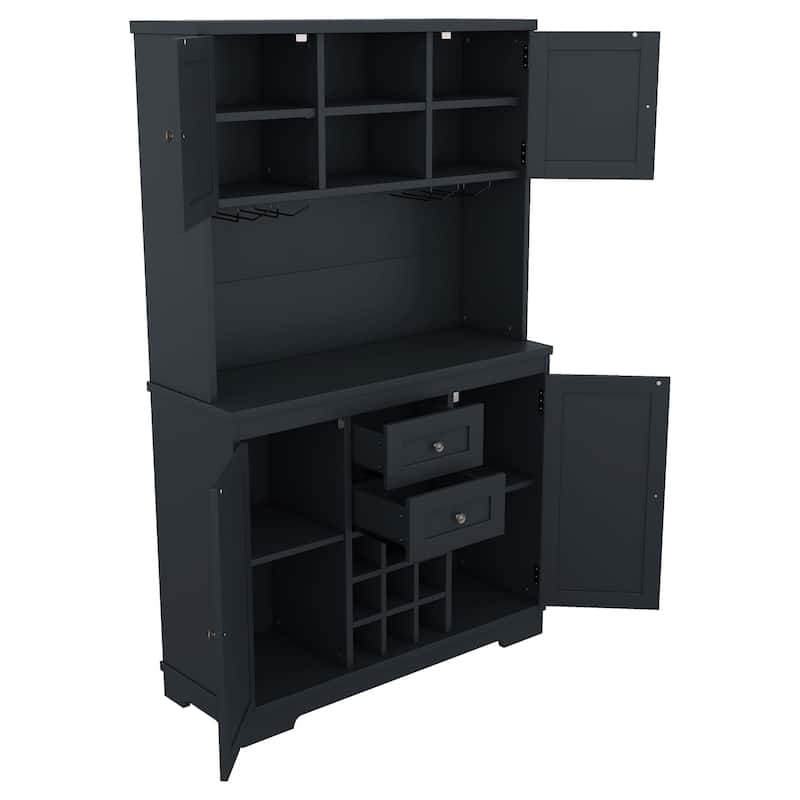 Coffee Bar Cabinet with Drawers, Freestanding Kitchen Pantry with Shelves and Cabinets, Buffet Cabinet with Glass Racks