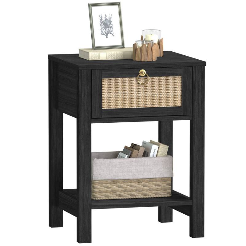 SICOTAS Farmhouse 1-Drawer Rattan Nightstand