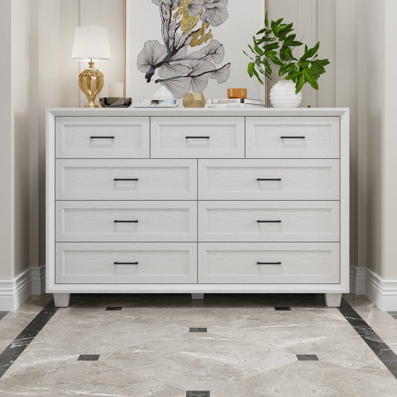 Modern 9-Drawer Dresser with Solid Wood Legs, Vintage Brown and White Wood Grain Options, Bedroom Storage Chest