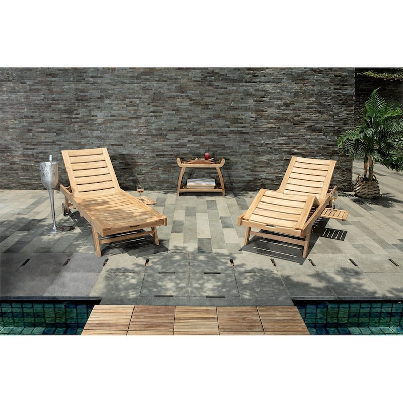 Nordic Style Teak Natural Outdoor Sun Lounger with Adjustable Seat and Side Table - N/A