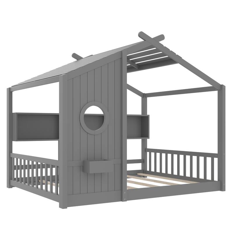 Full Size Floor House Bed for Toddler, Kids Montessori Bed with Storage Shelf, Playhouse Bed with Roof Design