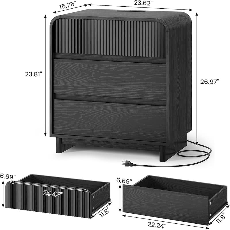 Fluted Nightstand with Charging Station 3 Drawers Dresser End Table