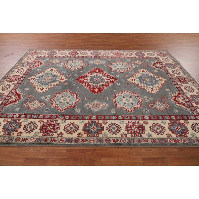 Hand Knotted Oriental 100% Wool Carpet Traditional Geometric Greys & Charcoal Kazak Area Rug - 9' 6'' X 6' 11''