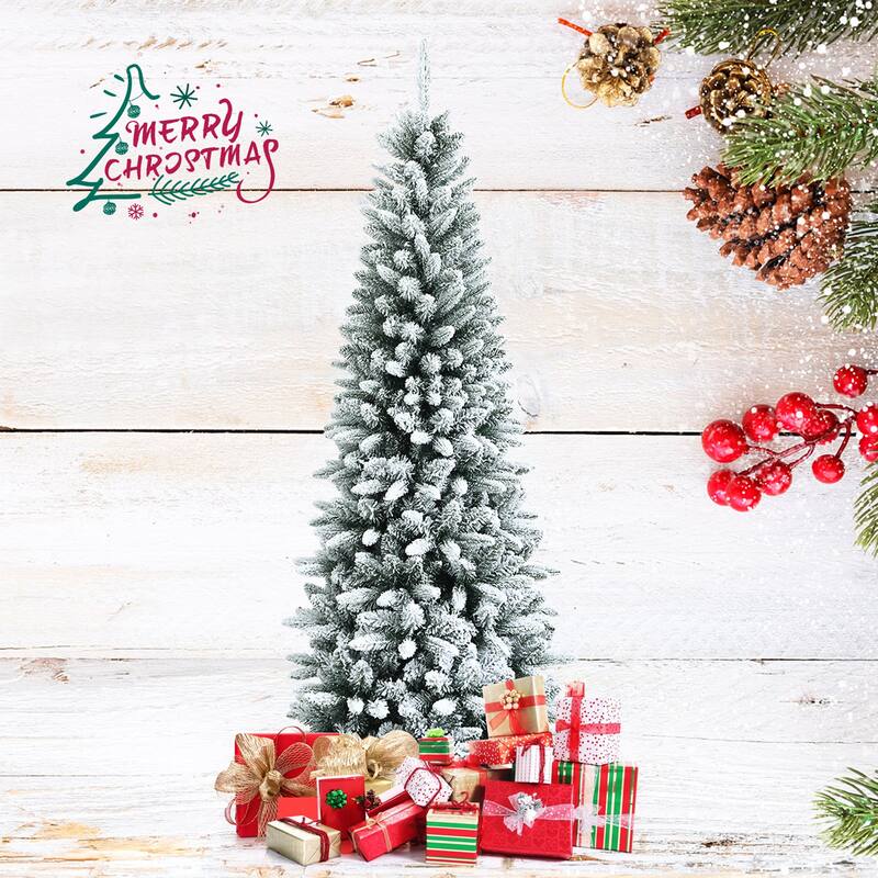 Gymax 4.5/6.5/7.5 FT Artificial Slim Christmas Tree Unlit Snow-Flocked