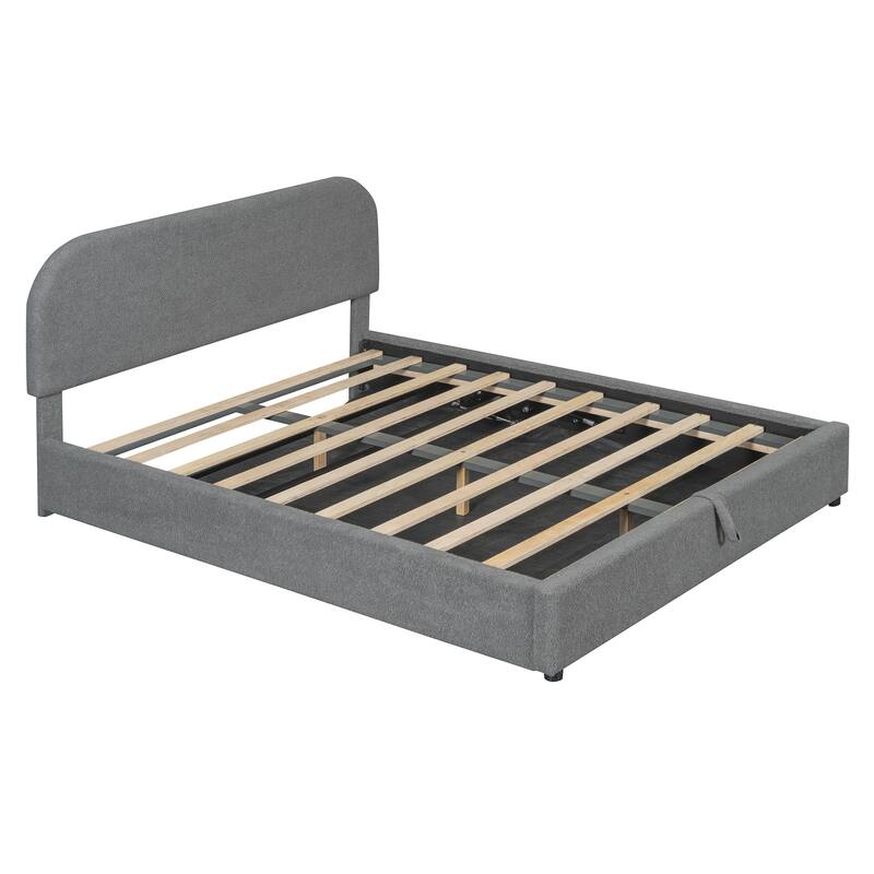 Lift Up Storage Platform Bed Frame, Teddy Fleece Low Profile Bed Hydraulic Storage System, Curved Headboard, Wood Panel Bed