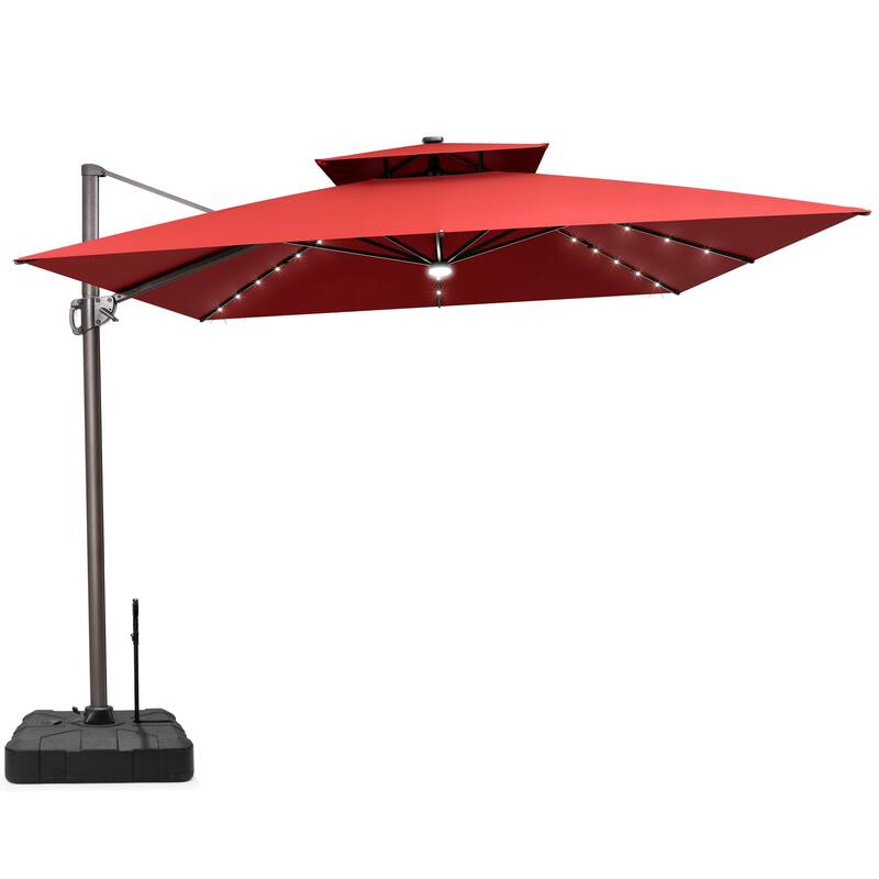 11 FT Outdoor LED Double Top Patio Cantilever Umbrella with Base Stand - Red