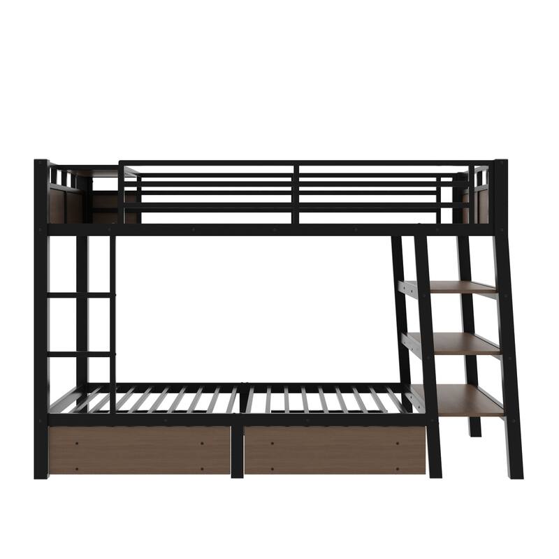 Twin Size Metal Bunk Bed with Storage Shelves, LED light strip, and USB power strip, black
