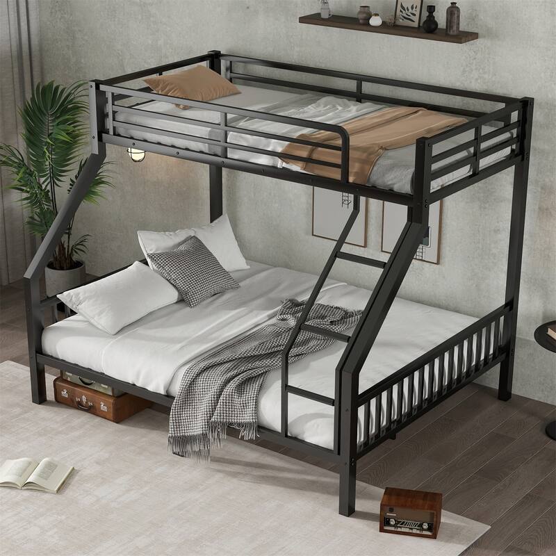 Twin XL Over Queen Metal Bunk Bed with Ladder and Slats Support