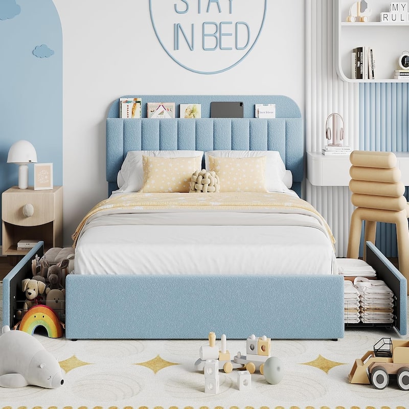 Bed Frame with 2 Drawers, Boucle Upholstered