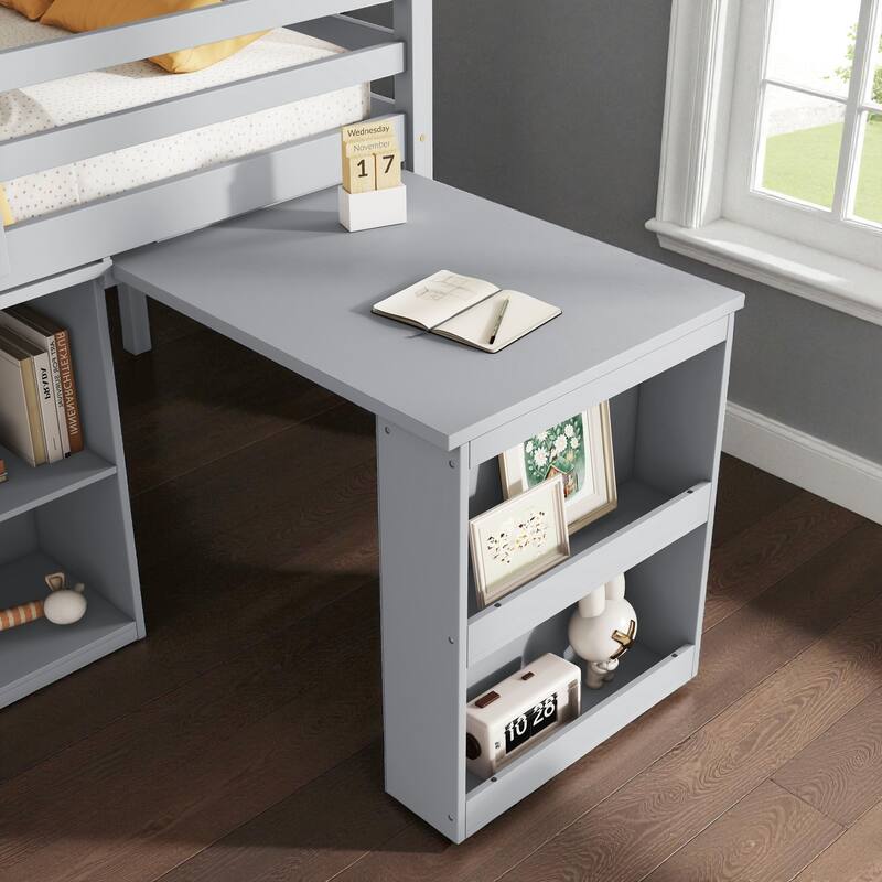 Twin Size Rubber Wood Loft Bed with Pull-Out Desk, Drawer Cabinet, and Shelf Storage, Safety Guardrails and Ladder