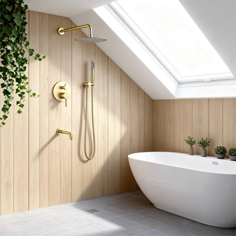 Luxury Gold Rain Shower Head with High Pressure Handheld Shower Head & Hose & 360 degree Rotatable Bathtub Faucet