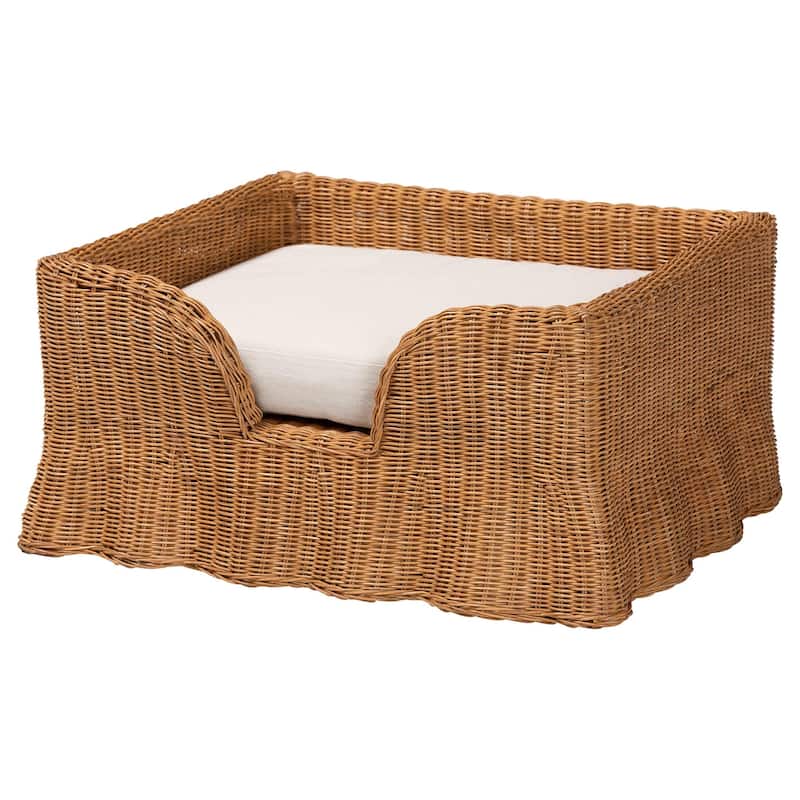 Belita Natural Rattan Pet Bed with Scalloped Base - Handwoven Wicker Enclosed Lounge Bed for Dogs or Cats with Removable Cushion - 30.2"