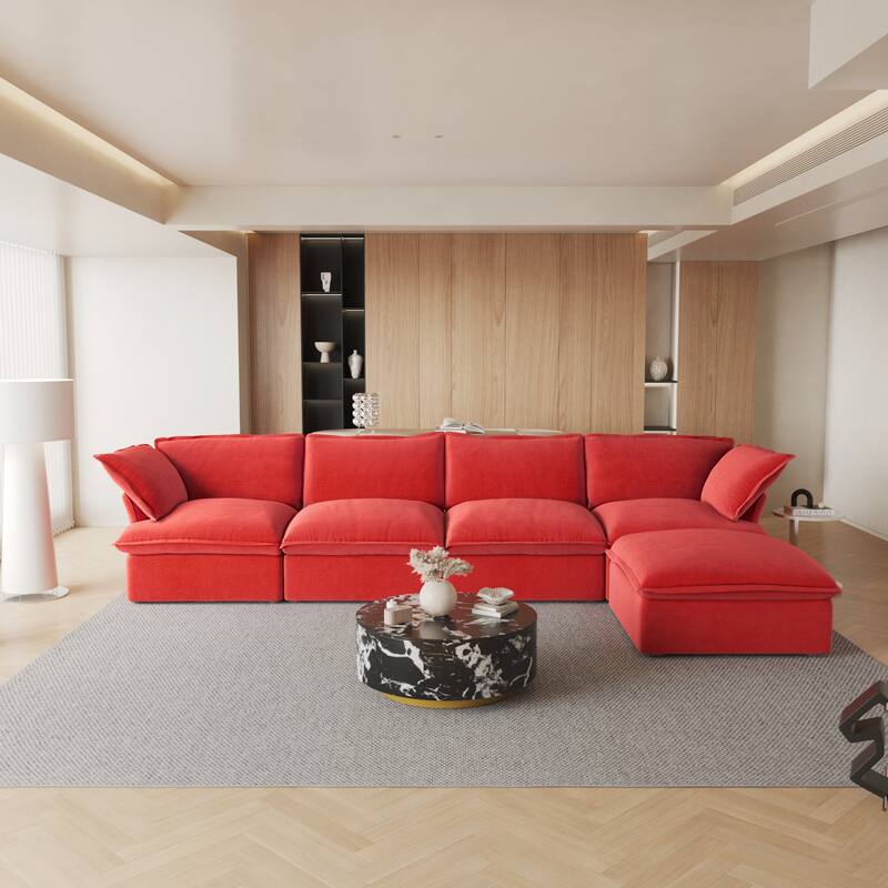 L-shaped 5-piece Wide Velvet Upholstery Sectional Sofa Couch with Storage Ottomans