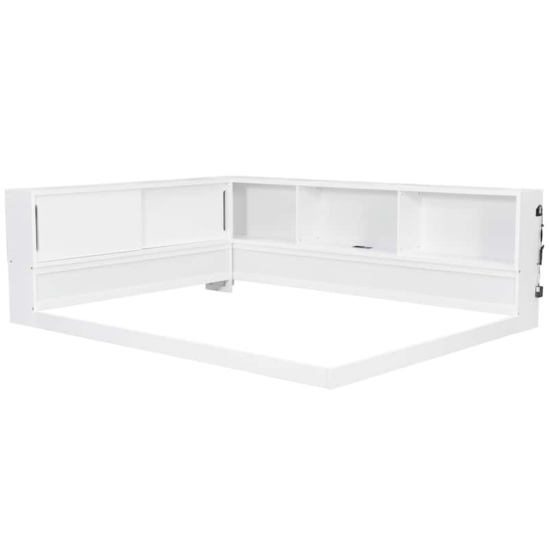 Queen L-Shape Storage Daybed with LED Shelf, Hidden Slide Cabinet & Built-In USB Power Hub by Harper&Bright Designs