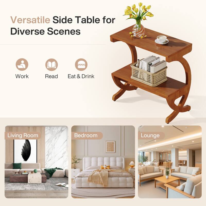 Modern 2-Tier Wood End Table with Curved Crossed Legs