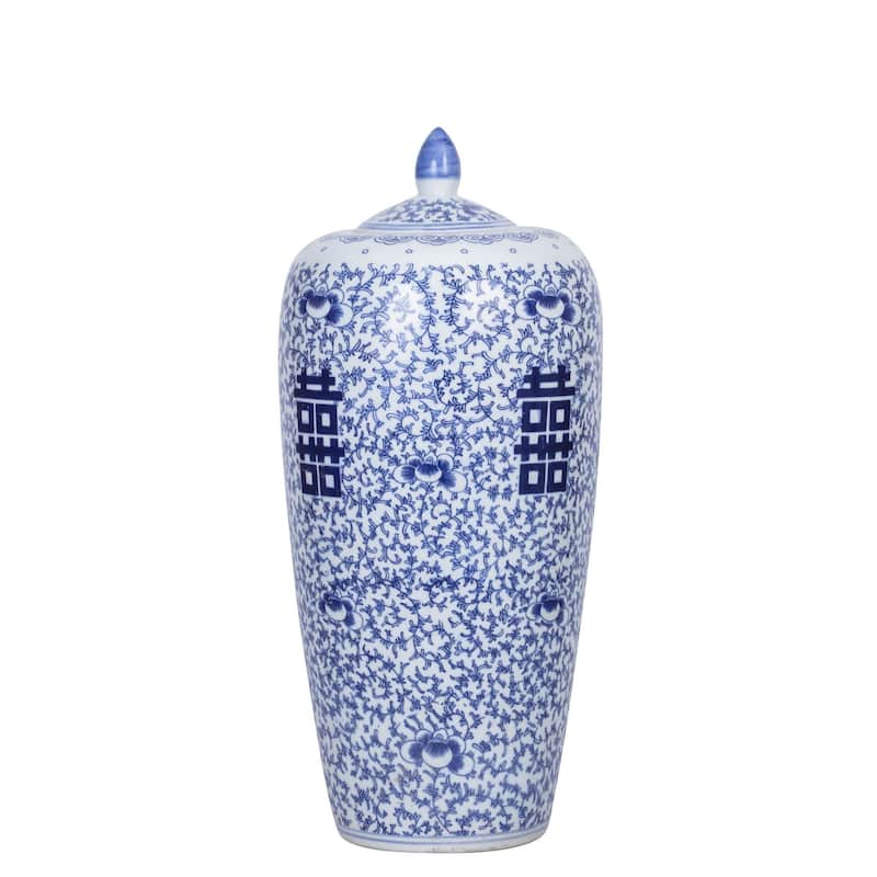 Blue and White Floral Double Happiness Tall Ginger Jar