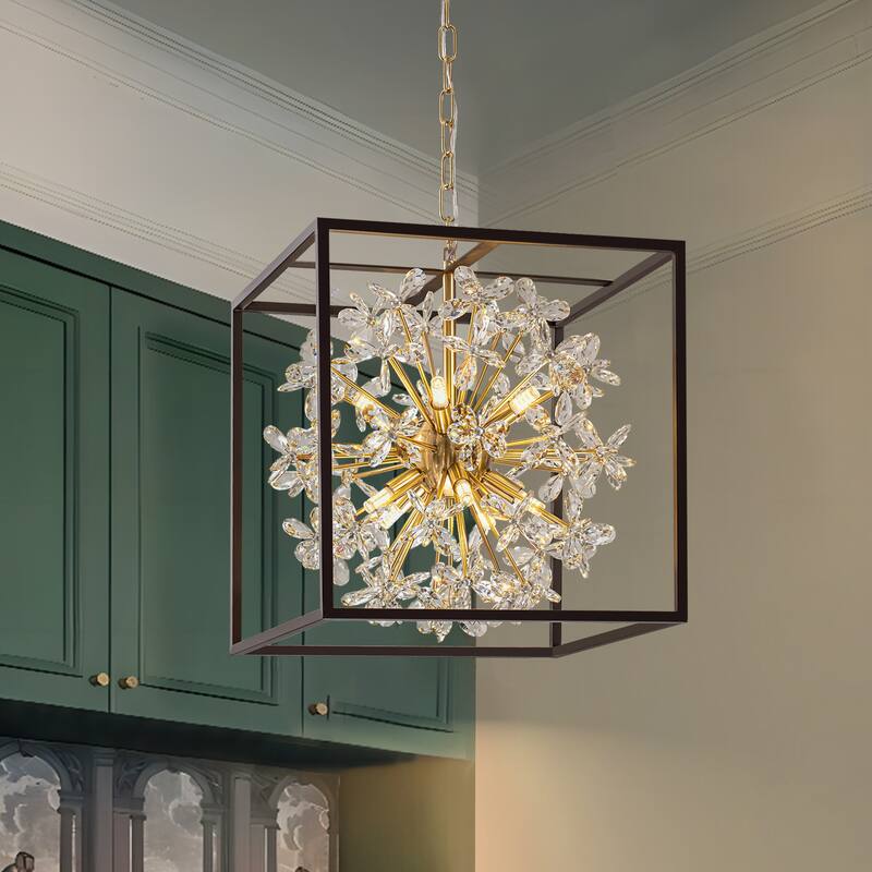 10-Light Modern Black Square Caged Chandelier Sputnik Gold Crystal Chandelier for Living/Dining Room - 16.1 in. W x 17.1 in. H - 16.1 in. W x 17.1 in. H - Black/Brushed Brass